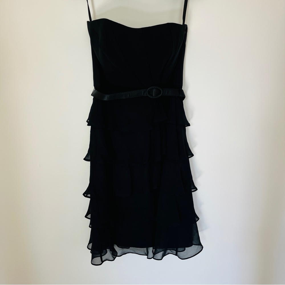WHBM Black Belted Ruffled Strapless Dress 4 EUC